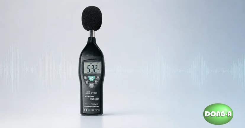 산업 현장 소음 측정에 사용하는 CEM DT-805와 동아시스템 로고