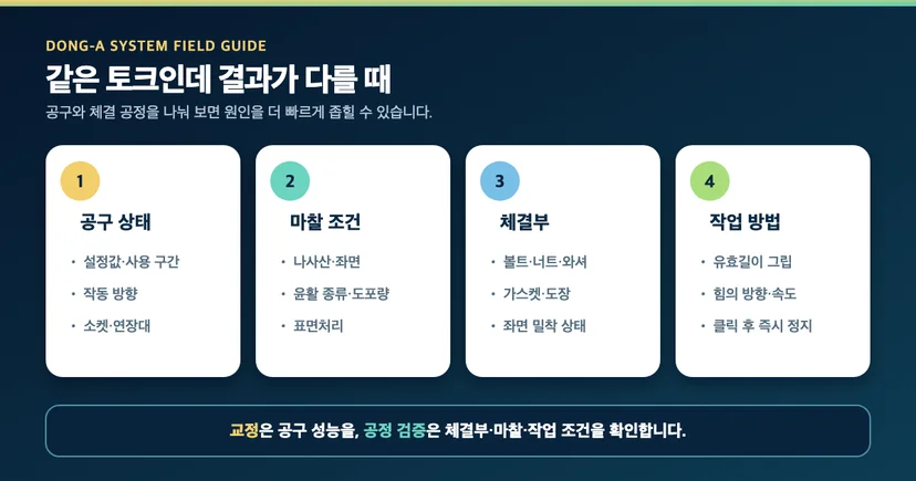 같은 설정 토크의 체결 편차를 공구·마찰·체결부·작업 방법으로 나눈 토크렌치 교정 점검도