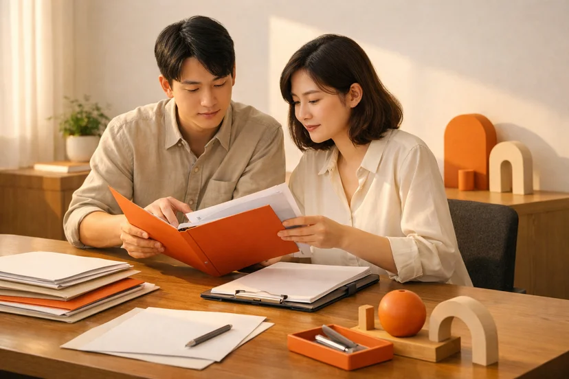 두 명의 담당자가 서류를 확인하며 검토하는 사무실 장면