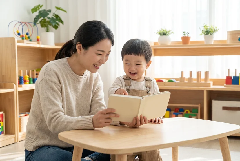 엄마와 아이가 작은 책상에서 교육책을 함께 읽는 모습