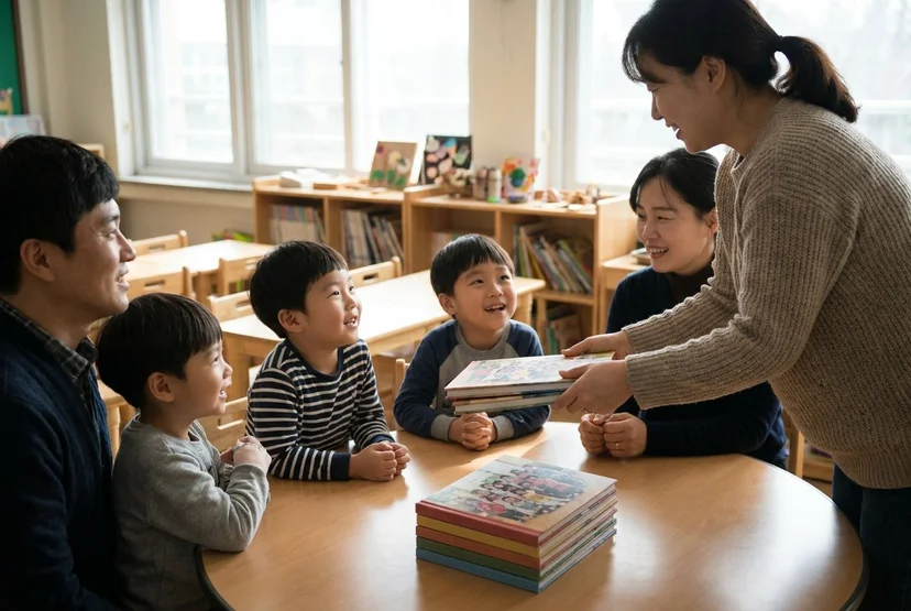 완성된 학급앨범 여러 권을 아이들에게 나눠 주는 장면
