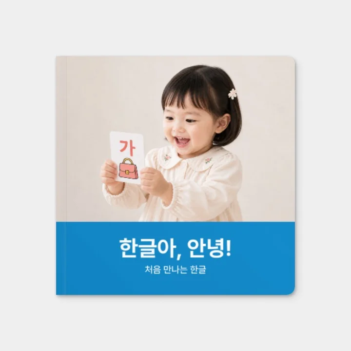 처음 만나는 한글 공식 템플릿으로 만든 정사각 보드북 표지 - 아이 사진과 한글 낱말이 담긴 모습