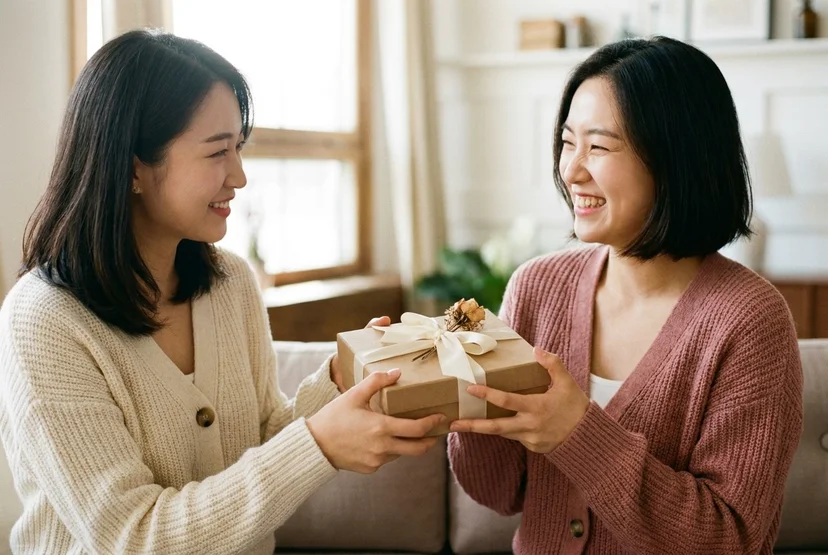 졸업을 축하하며 포장한 선물을 친구에게 건네는 모습