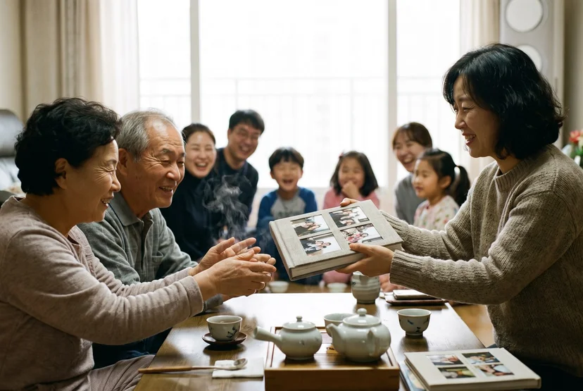 가족 모임에서 완성된 공동 포토북을 선물하며 나누는 모습