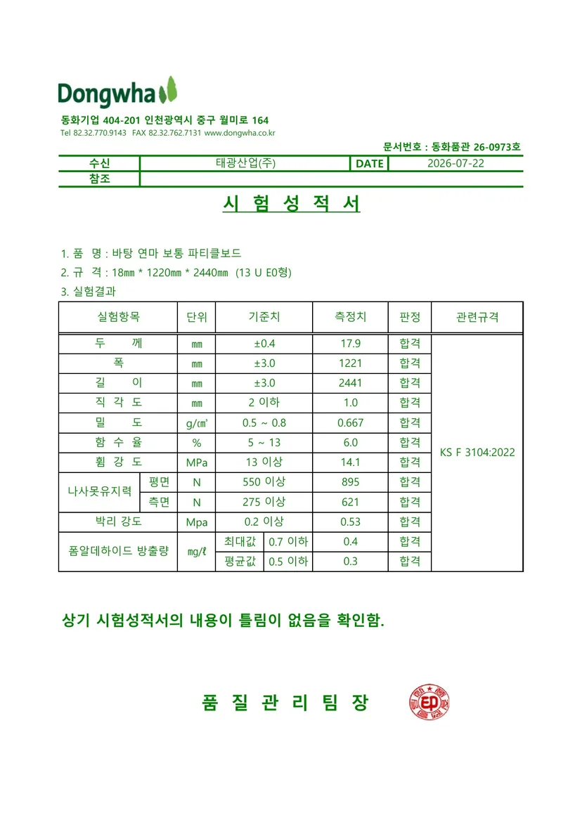E0 등급 파티클보드 포름알데히드 시험성적서
