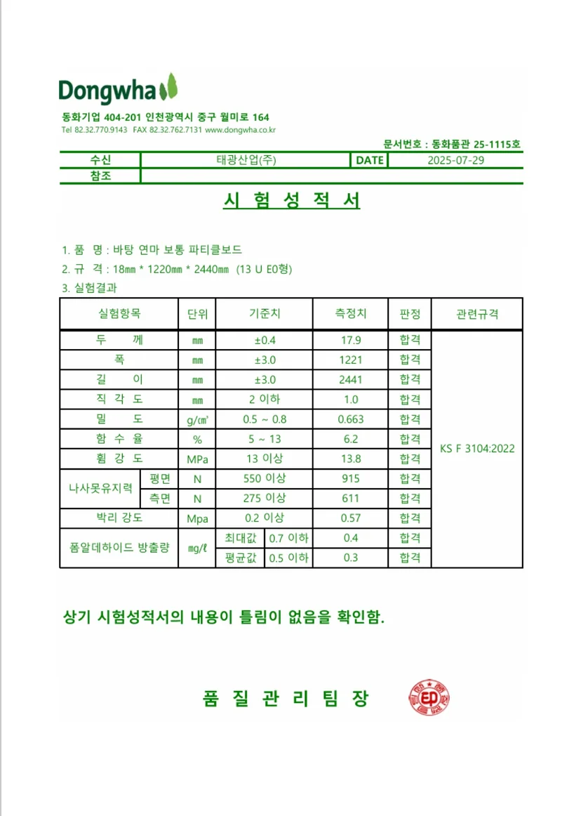 E0 등급 파티클보드 포름알데히드 시험성적서