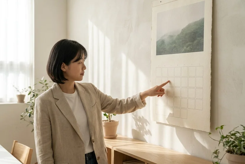 밝은 사무실 벽에 걸린 벽걸이 달력의 월별 그리드 디자인을 확인하는 모습