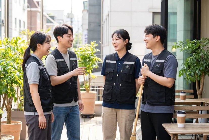 업종별 커스텀 작업 조끼를 입은 팀