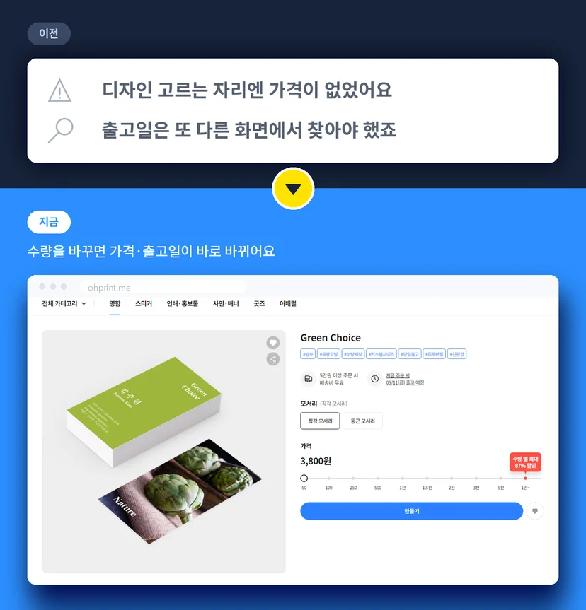 디자인 상세 화면의 수량별 가격과 출고 예정일
