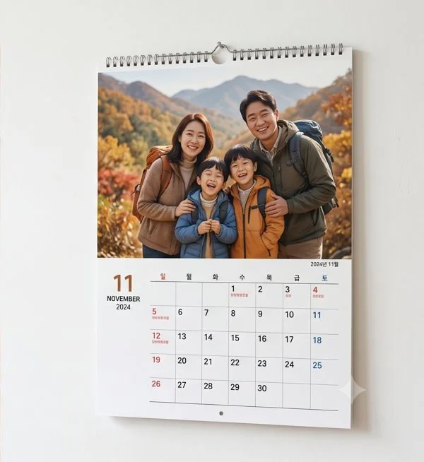 한국 가정 벽에 걸린 벽걸이 포토 달력