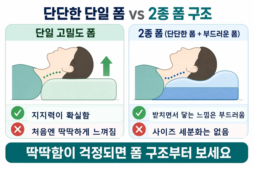 단일 메모리폼과 2종 메모리폼 베개 지지감 비교