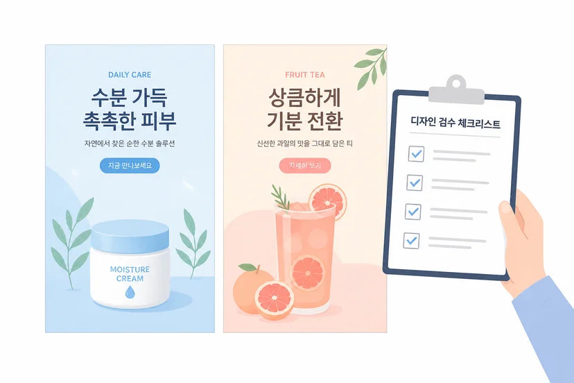 두 광고 소재를 세 가지 판단 기준으로 채점하는 체크보드 일러스트