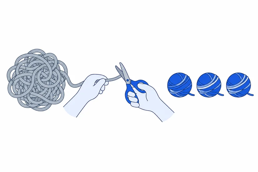 큰 실타래를 작은 실뭉치로 나누는 장면으로 업무 쪼개기를 표현한 일러스트