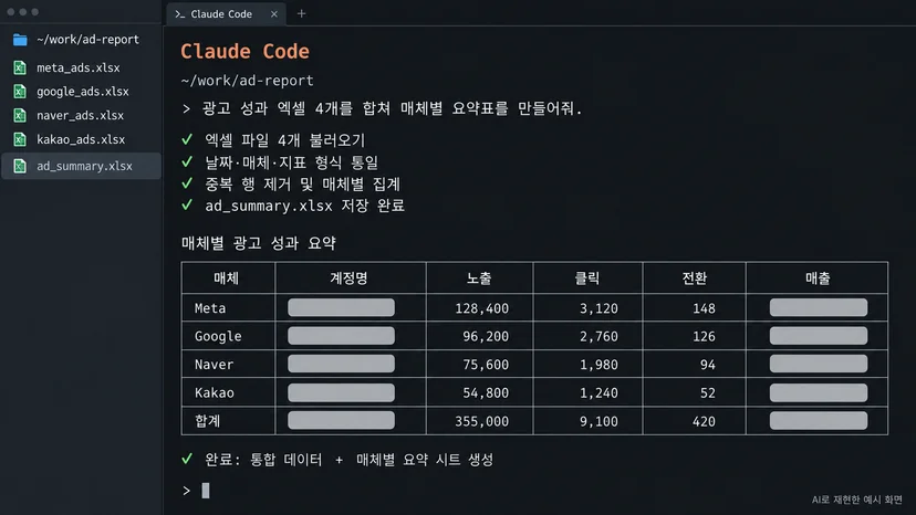 여러 광고 성과 파일을 합쳐 요약표를 만드는 실제 작업 화면
