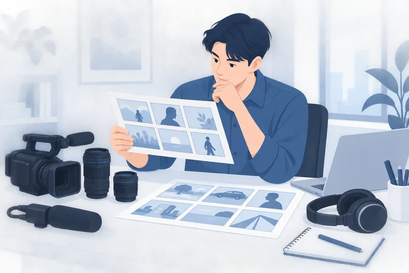 영상 외주 요청서와 제품 촬영 계획을 함께 검토하는 작업 장면