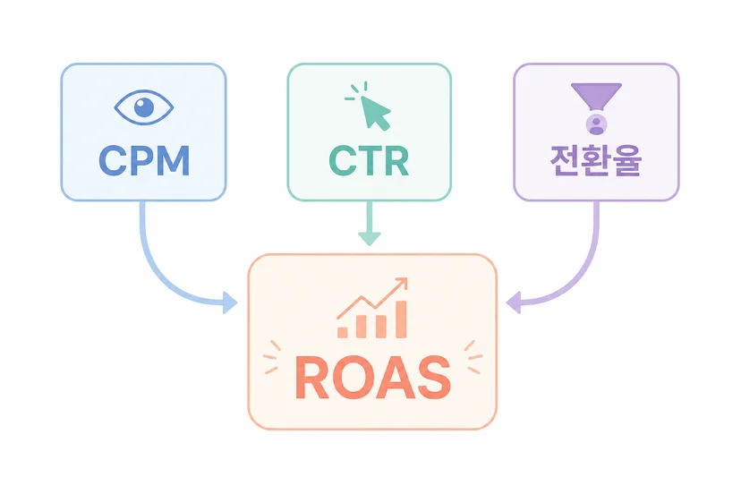다섯 개의 지표 카드가 하나의 ROAS로 연결되는 구조를 표현한 일러스트