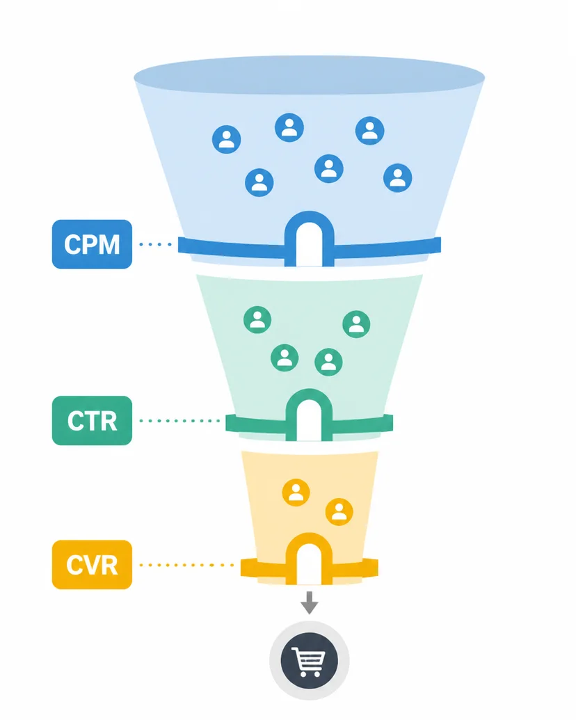 CPM, CTR, 전환율 세 관문을 통과하는 광고 흐름 도식 일러스트