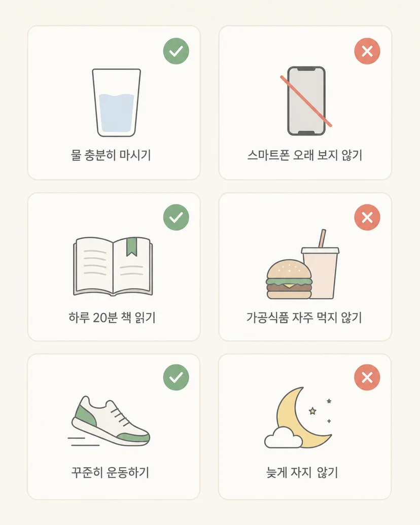 여섯 개 아이콘 카드로 정리한 흔한 실수 체크리스트 도식