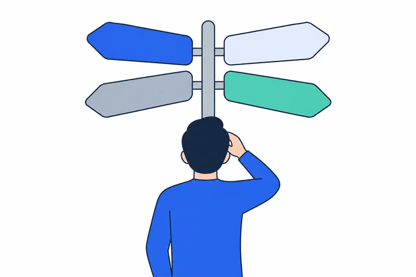 네 개의 표지판이 서로 다른 방향을 가리키는 갈림길에 선 고객