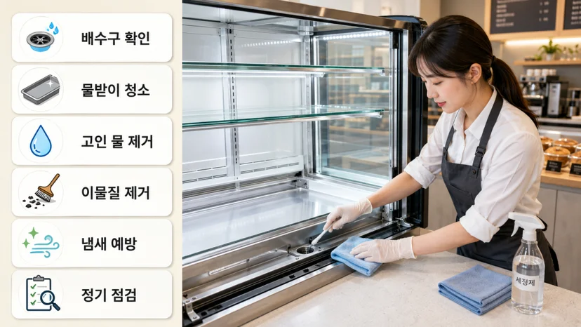매장 입구와 주방 동선에 적합한 외형 규격인가요 설치 공간과 주변 이동 동선 확인 사진
