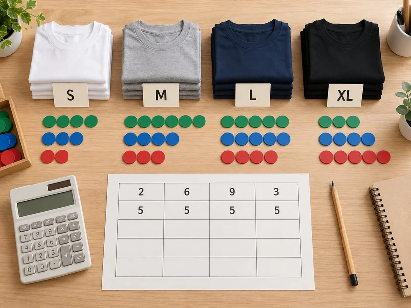 S M L XL 티셔츠 수량을 계산하는 재고표