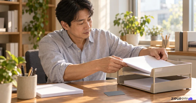 사업자 임대료 카드결제 뒤 세금계산서와 카드 매출전표를 나눠 보관하는 모습