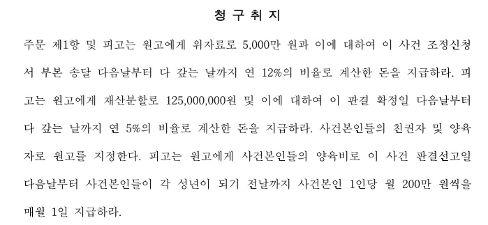 판결문 일부(개인정보 가림) - 원고의 청구취지