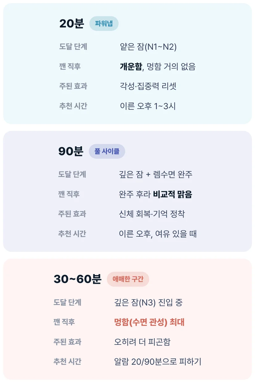 낮잠 20분·90분·30~60분 효과 비교예요. 도달하는 수면 단계와 깬 뒤 컨디션이 달라요.