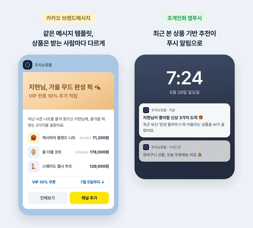 카카오 브랜드 메시지와 앱푸시 속 AI 개인화 상품 추천 실제 수신 화면 예시