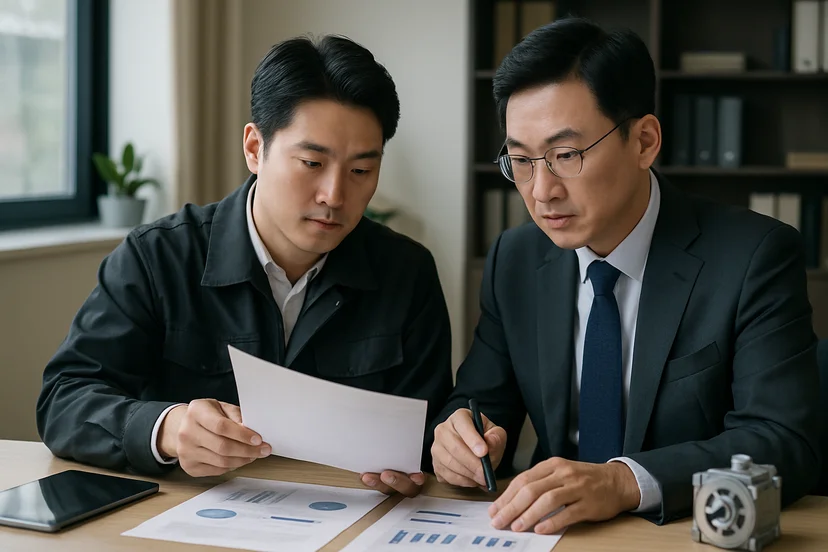 중소기업 대표가 정책자금 상담 자료를 확인하는 장면