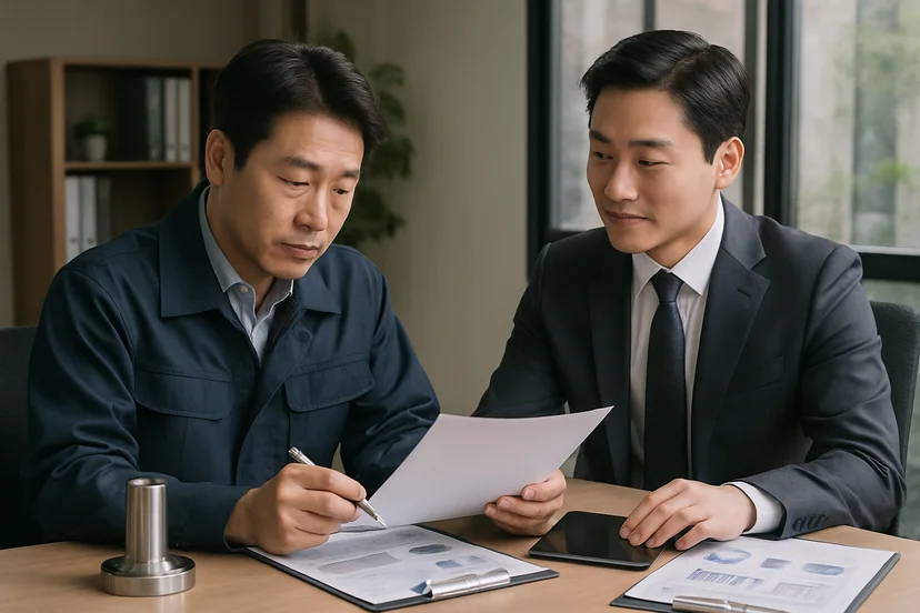 중소기업 대표가 정책자금 상담 자료를 확인하는 장면