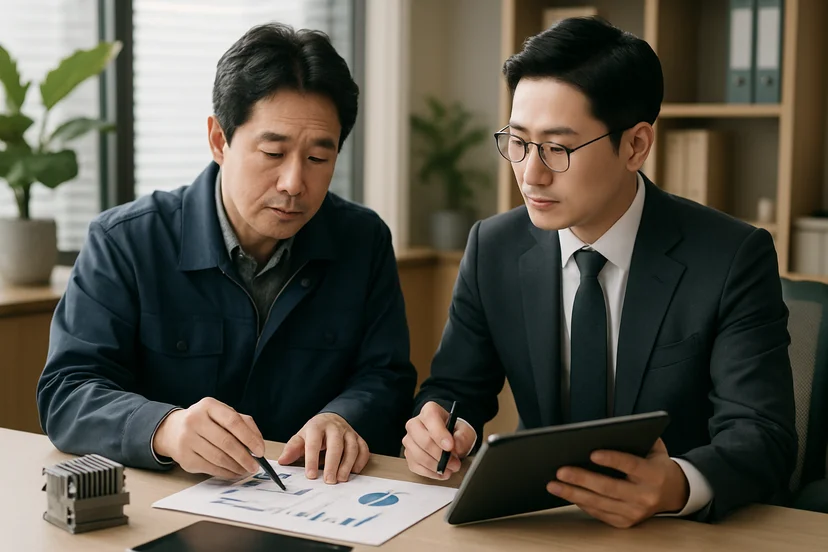 중소기업 대표가 정책자금 상담 자료를 확인하는 장면