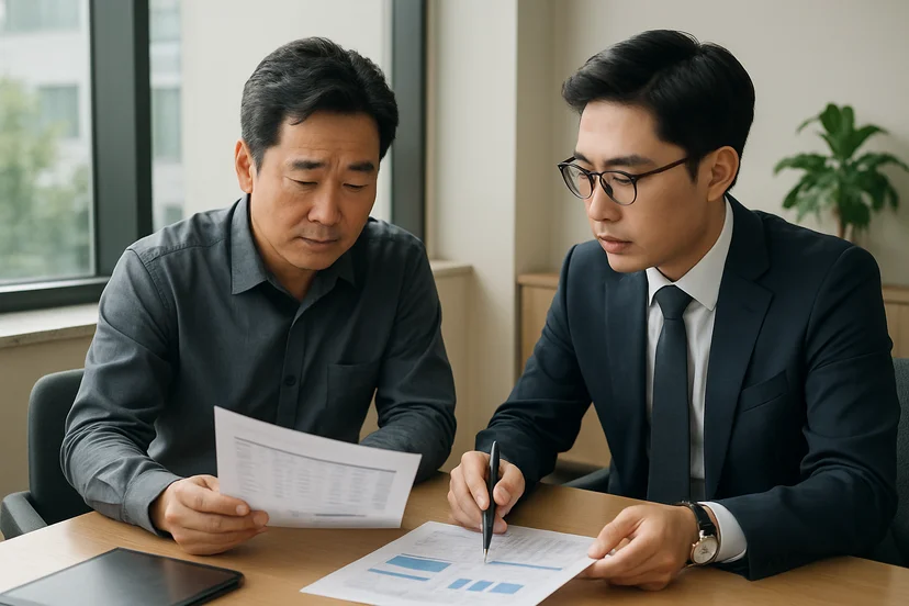 중소기업 대표가 정책자금 상담 자료를 확인하는 장면