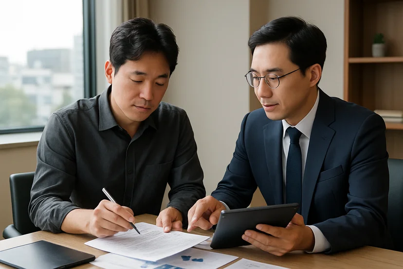 중소기업 대표가 정책자금 상담 자료를 확인하는 장면