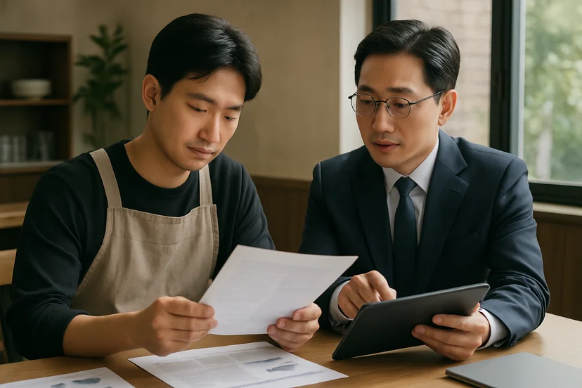 중소기업 대표가 정책자금 상담 자료를 확인하는 장면