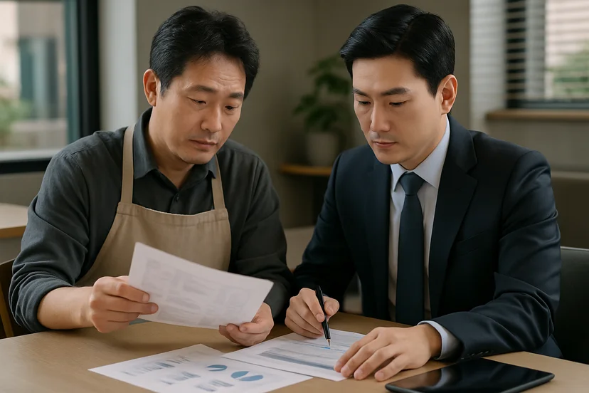중소기업 대표가 정책자금 상담 자료를 확인하는 장면