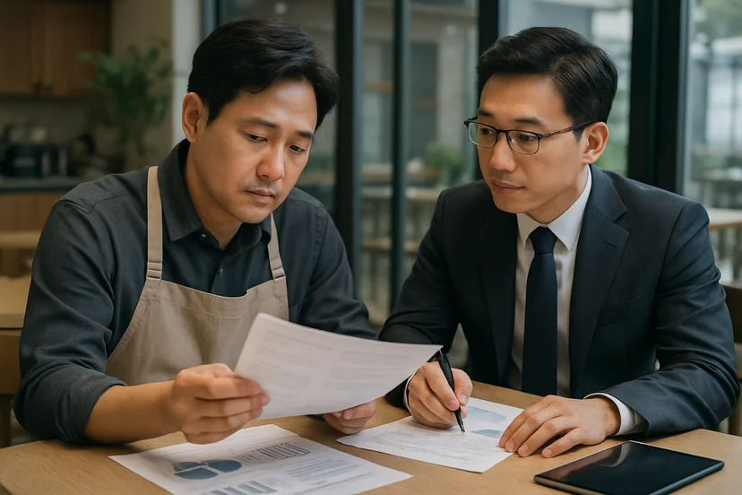 중소기업 대표가 정책자금 상담 자료를 확인하는 장면