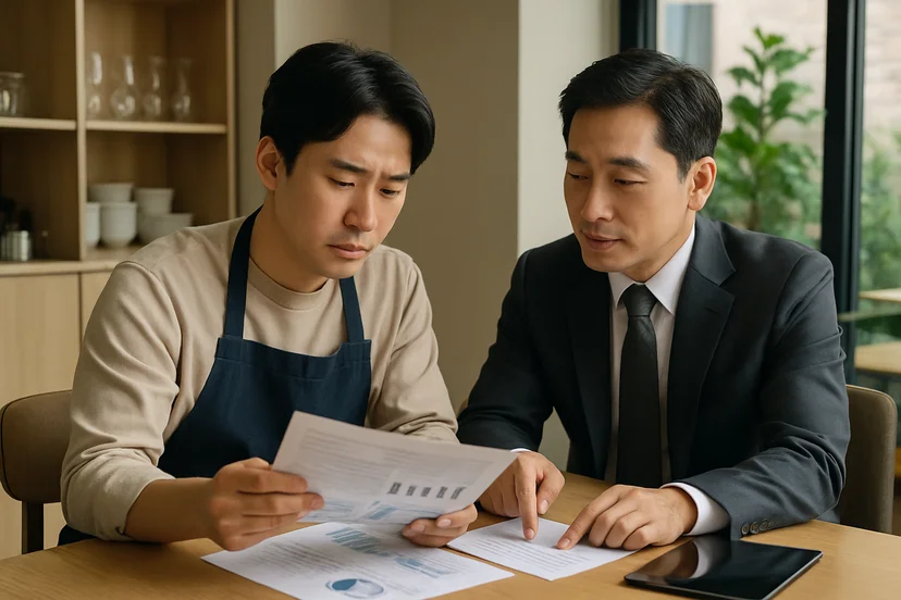 중소기업 대표가 정책자금 상담 자료를 확인하는 장면