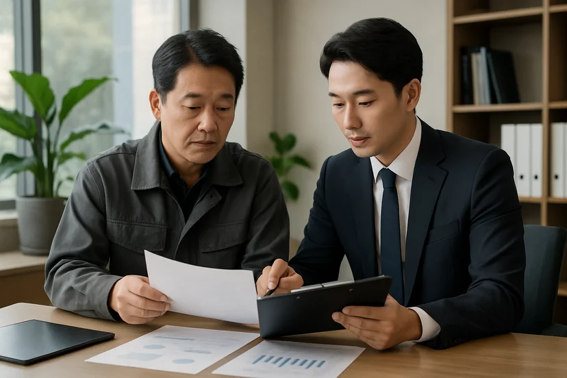 중소기업 대표가 정책자금 상담 자료를 확인하는 장면