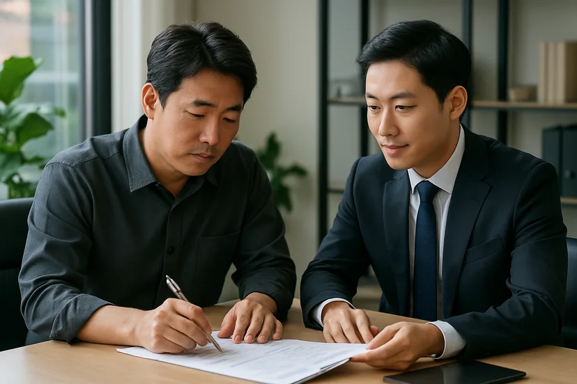 중소기업 대표가 정책자금 상담 자료를 확인하는 장면