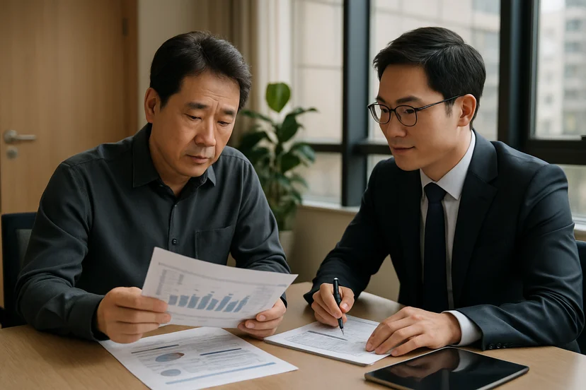 중소기업 대표가 정책자금 상담 자료를 확인하는 장면