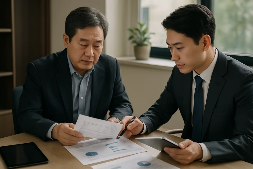 중소기업 대표가 정책자금 상담 자료를 확인하는 장면