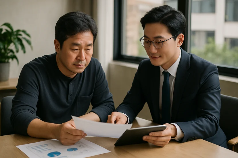 중소기업 대표가 정책자금 상담 자료를 확인하는 장면