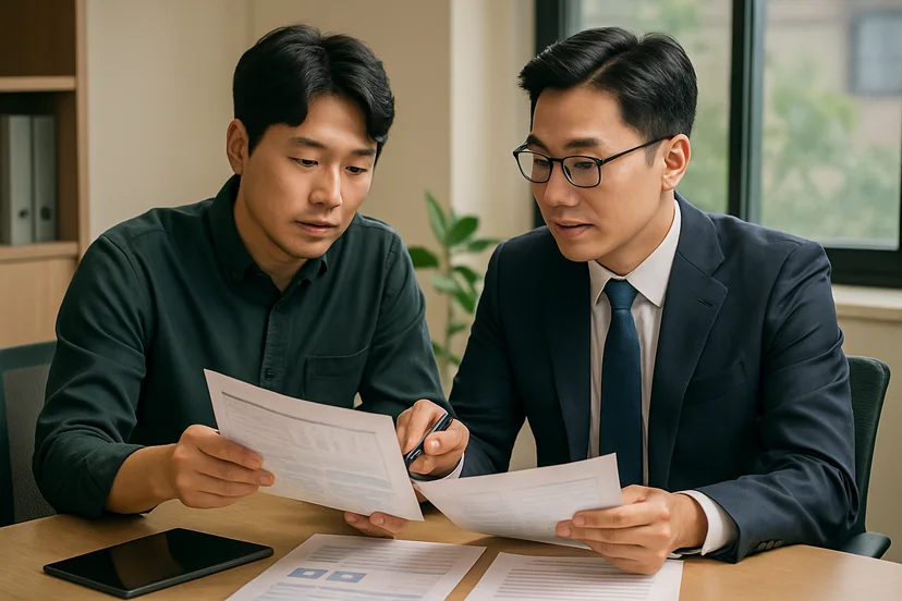 중소기업 대표가 정책자금 상담 자료를 확인하는 장면