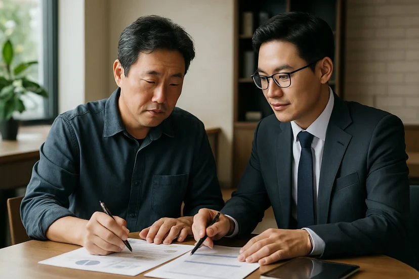 중소기업 대표가 정책자금 상담 자료를 확인하는 장면