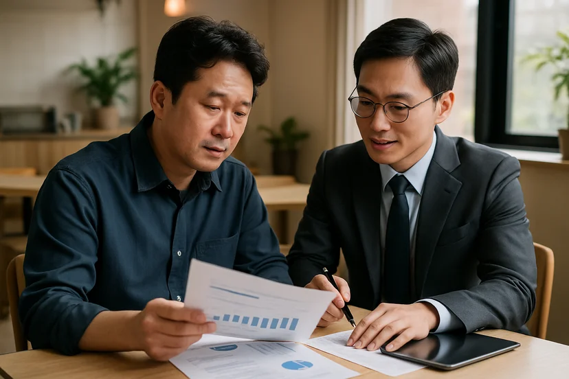 중소기업 대표가 정책자금 상담 자료를 확인하는 장면