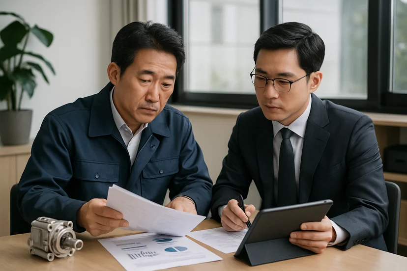중소기업 대표가 정책자금 상담 자료를 확인하는 장면