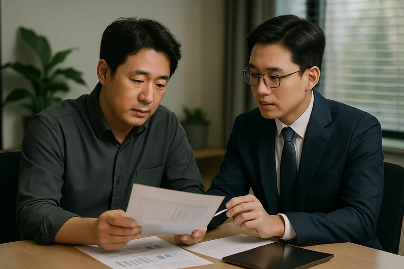중소기업 대표가 정책자금 상담 자료를 확인하는 장면