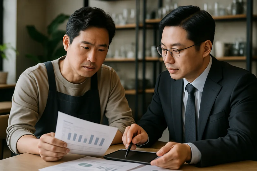 중소기업 대표가 정책자금 상담 자료를 확인하는 장면