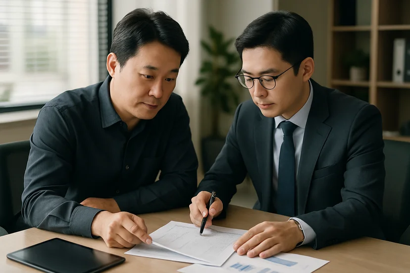 중소기업 대표가 정책자금 상담 자료를 확인하는 장면